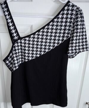 Black White Houndstooth Asymmetrical Neck Short Sleeve Pullover Blouse L